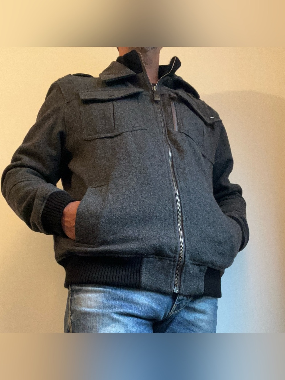Billabong Men's Quilted Lined Wool Blend Military Bomber Jacket Grey L